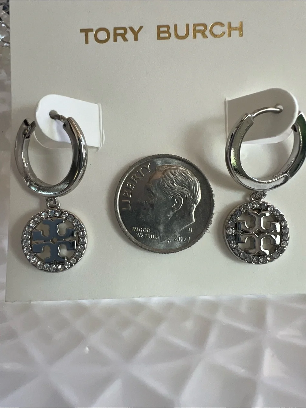Tory Burch Silver Logo Hoop Dangle Earrings with Crystal Accents